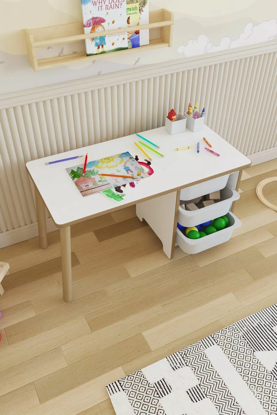 Table pour enfants Cm avec 3 paniers, table de travail pour enfants, table d'activités effaçable