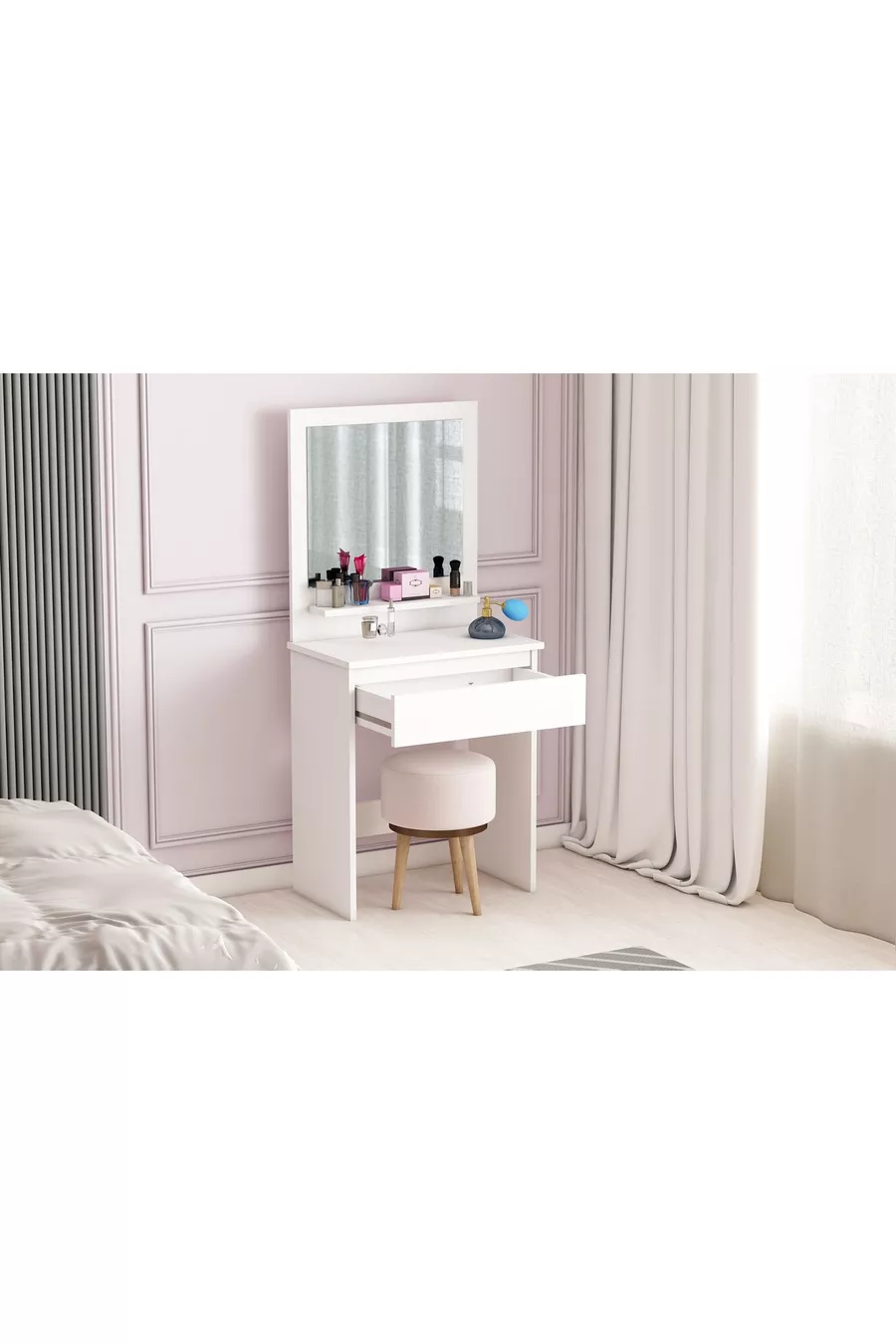 Coiffeuse Luna, avec étagères, tiroirs et miroir, blanche