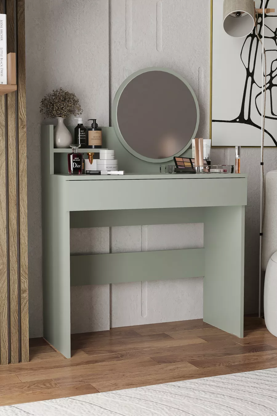 Table de maquillage Harmony à un tiroir (avec miroir rond)