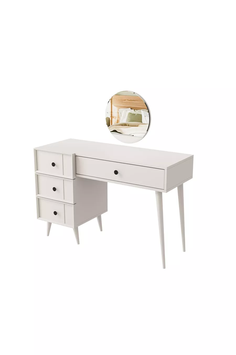 COIFFEUSE ROSE AVEC MIROIR (PIEDS EN BOIS) CADRE EN MDF, 4 TIROIRS, BLANC