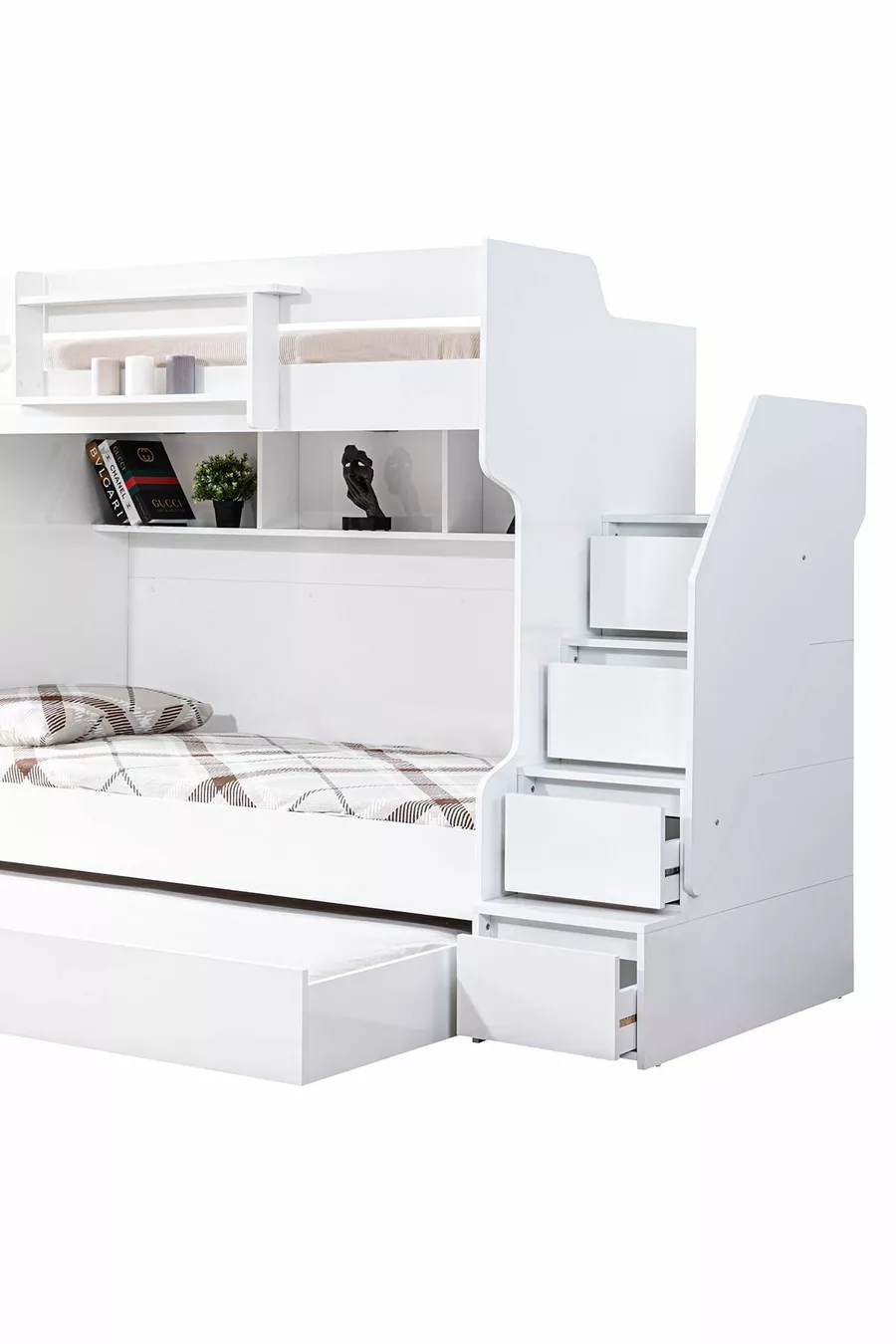 Lits superposés Ranza, courageux avec petit lit - Blanc, 3 matelas confort