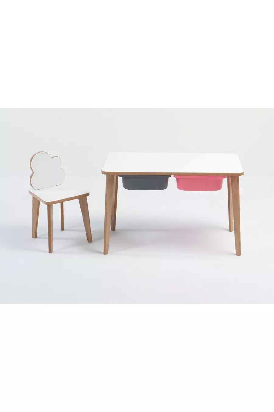 Ensemble Table et Chaises d'Activité pour Enfants en Bois - Motif Nuage, Surface Effaçable à Sec - Avec Tiroir - Rectangulaire