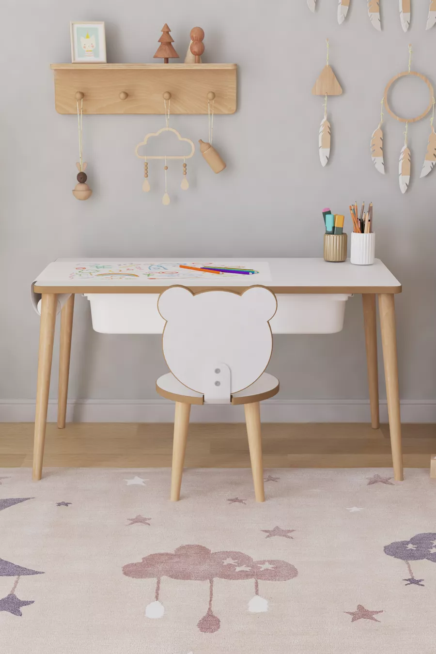 Table d'activité pour enfants avec rouleau de papier à dessin, 1 chaise et tiroir - Panda