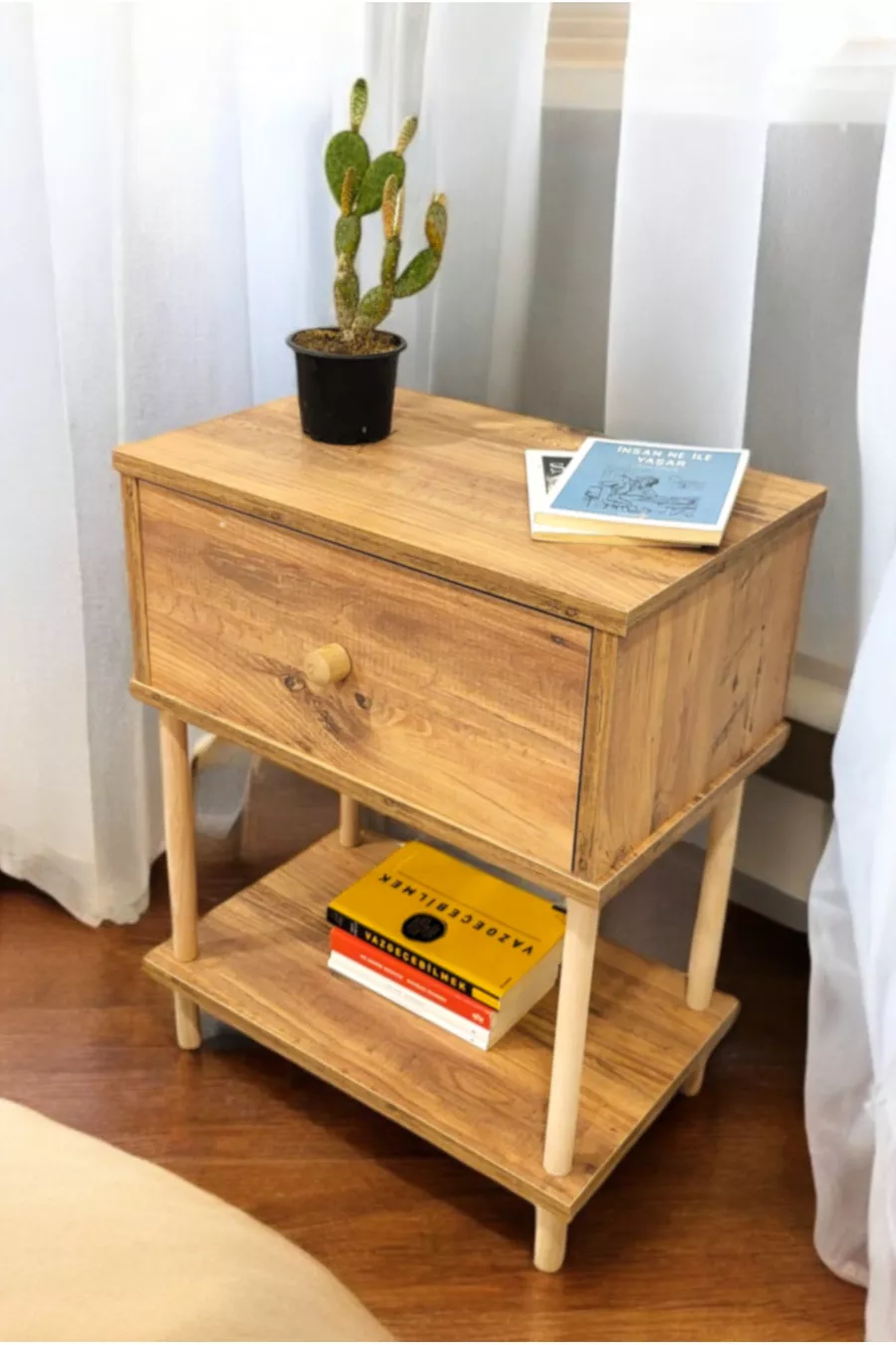 Table de chevet moderne avec étagère et couvercle rabattable, organiseur de chambre à coucher, table d'appoint avec pieds en bois