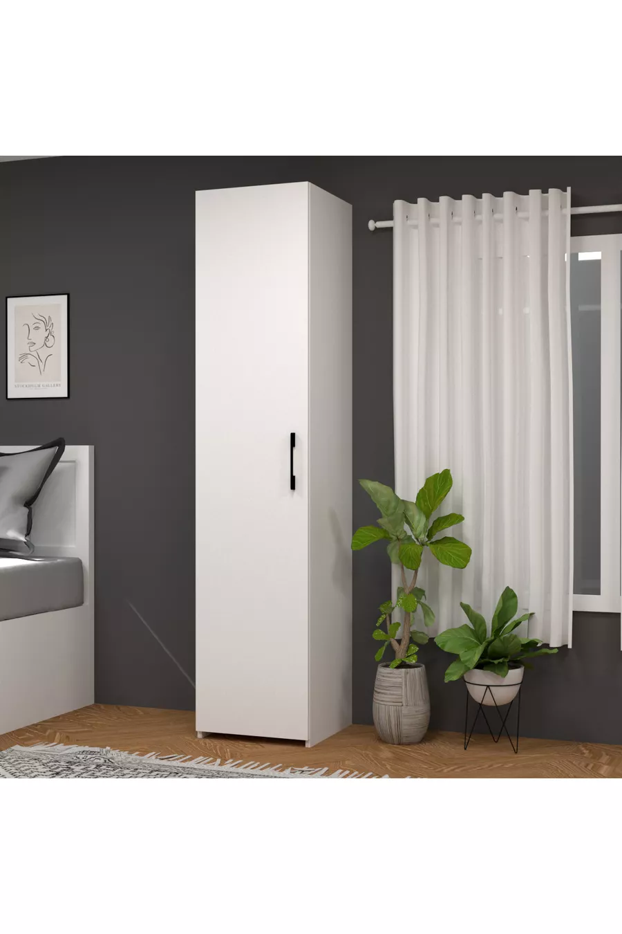 Armoire Blanche Retro-4 à 3 Étagères avec 1 Porte et Tringle