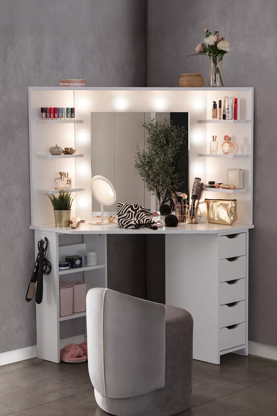 Coiffeuse d'angle Diva Hollywood avec miroir rétroéclairé LED et 5 tiroirs