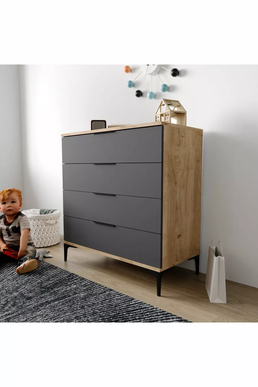 Commode Aden à 4 tiroirs anthracite, chambre à coucher, chambre d'enfant