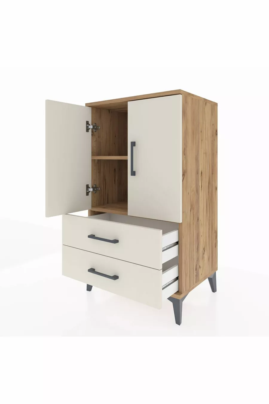 Commode Hyperion à 2 étagères, 2 tiroirs, 2 portes, Pins-Patine de pierre