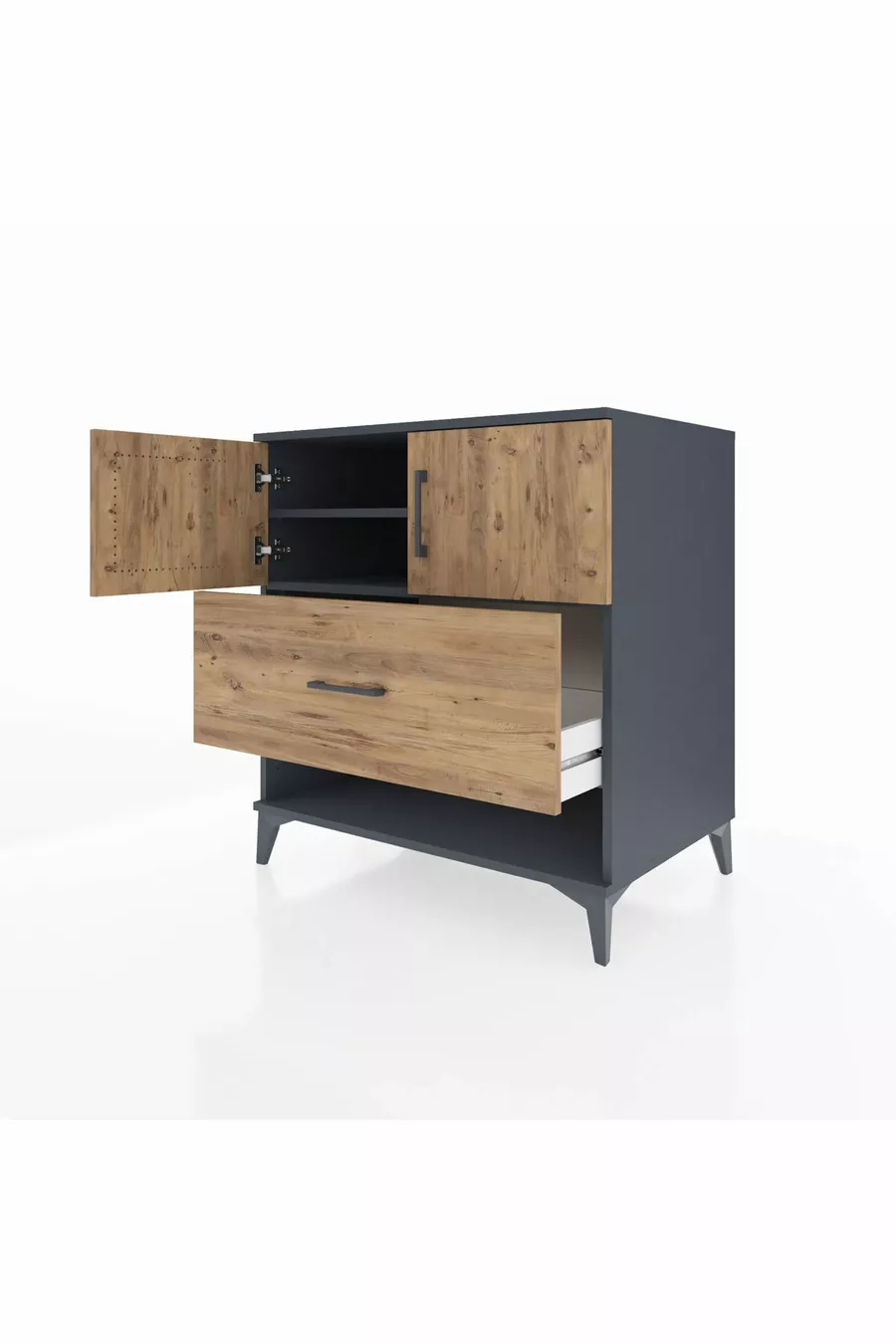Commode Kronos avec 2 étagères, 1 tiroir et 2 portes, Anthracite-Sapin