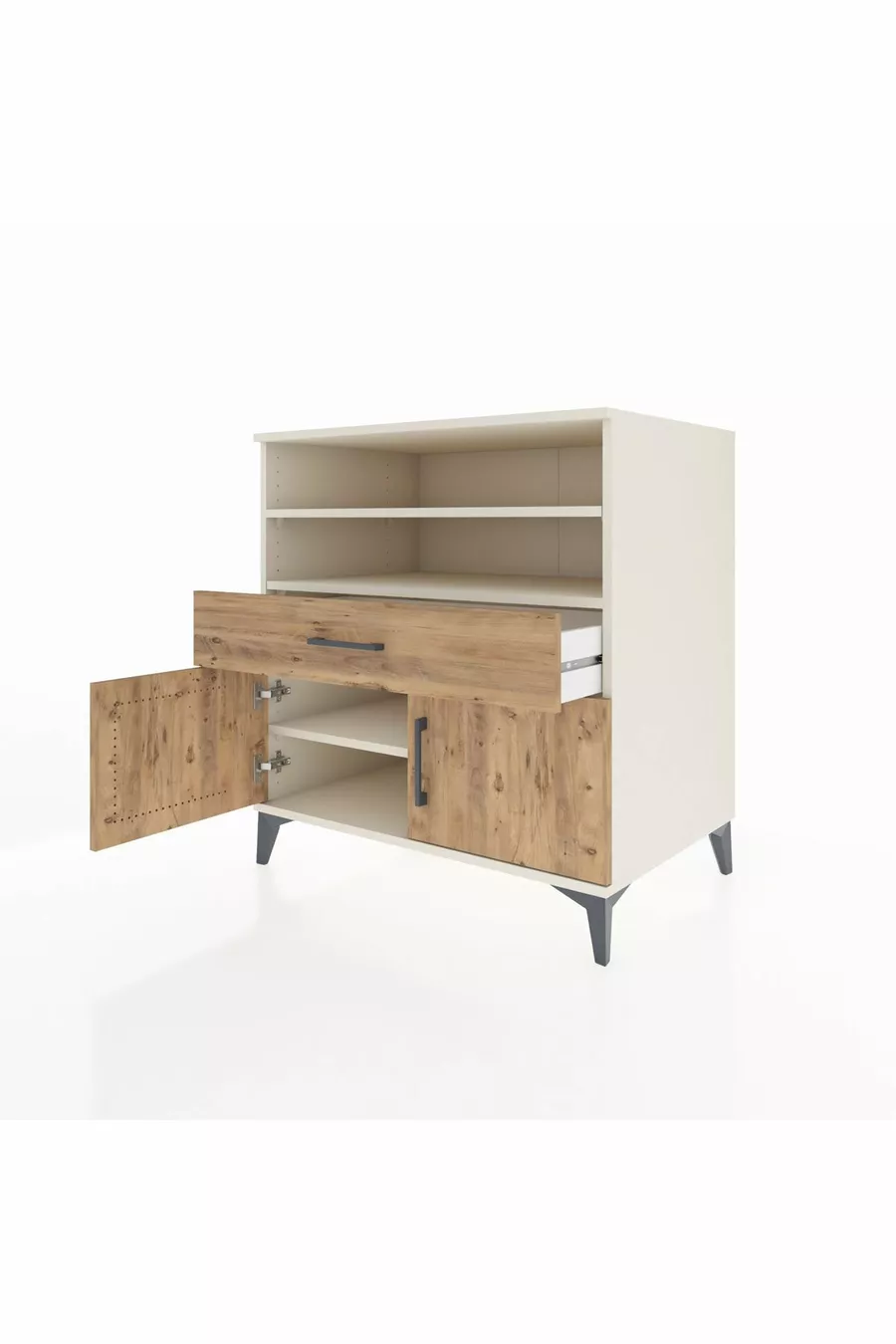 Commode Kronos avec 3 étagères, 1 tiroir et 2 portes, Pierre de Lune-Sapin