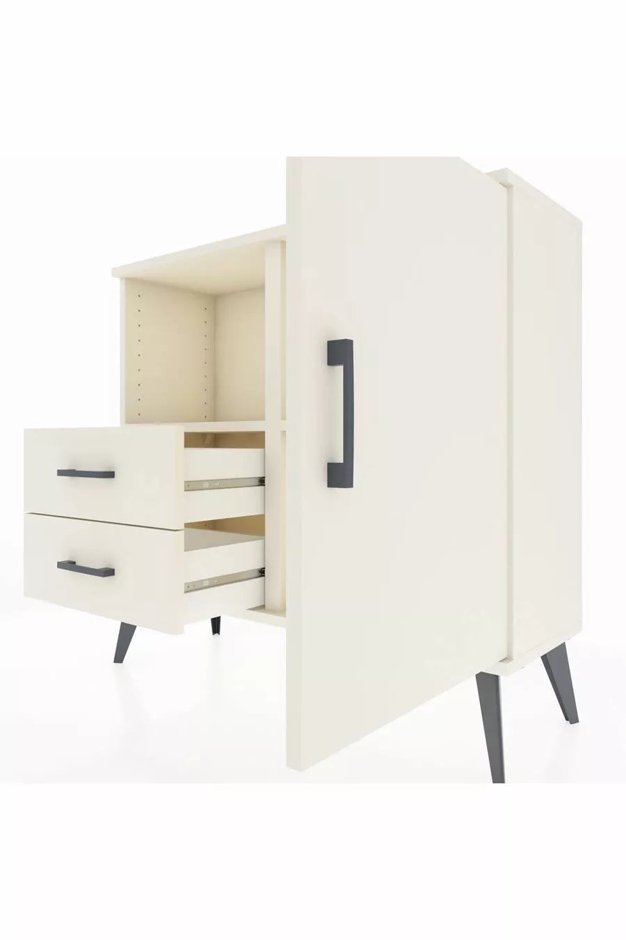 Commode Arges avec 2 étagères, 2 tiroirs et une porte, couleur Oeil-de-pierre
