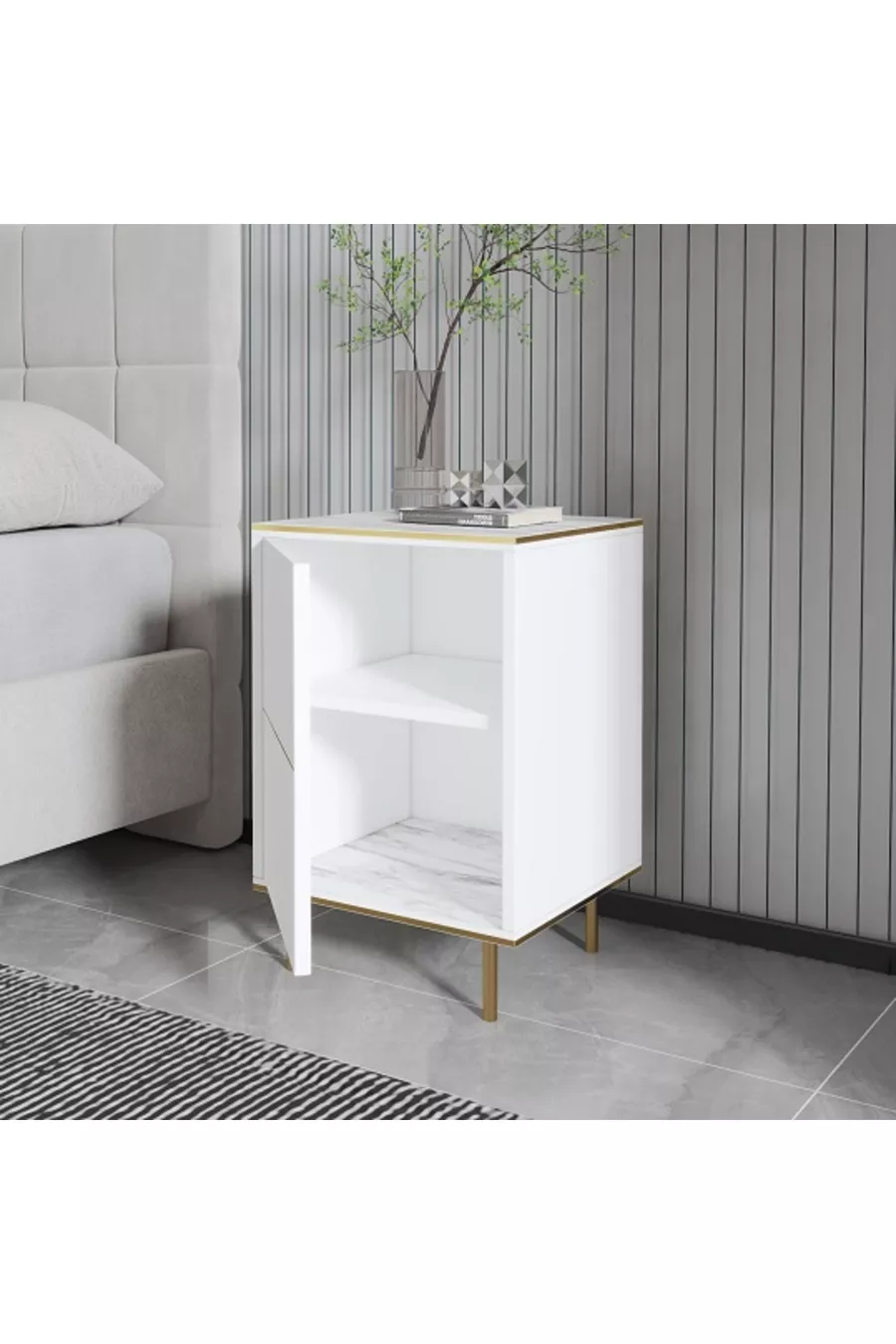 Table de chevet Kozan Blanc Marbre Motif Or