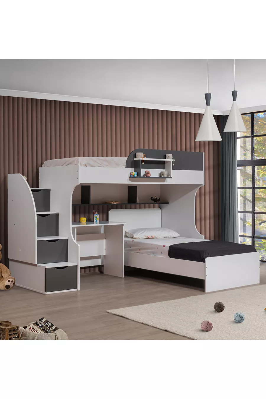 Lits superposés, lits superposés Aura avec lit, armoire à 3 portes + 2 matelas Comfort