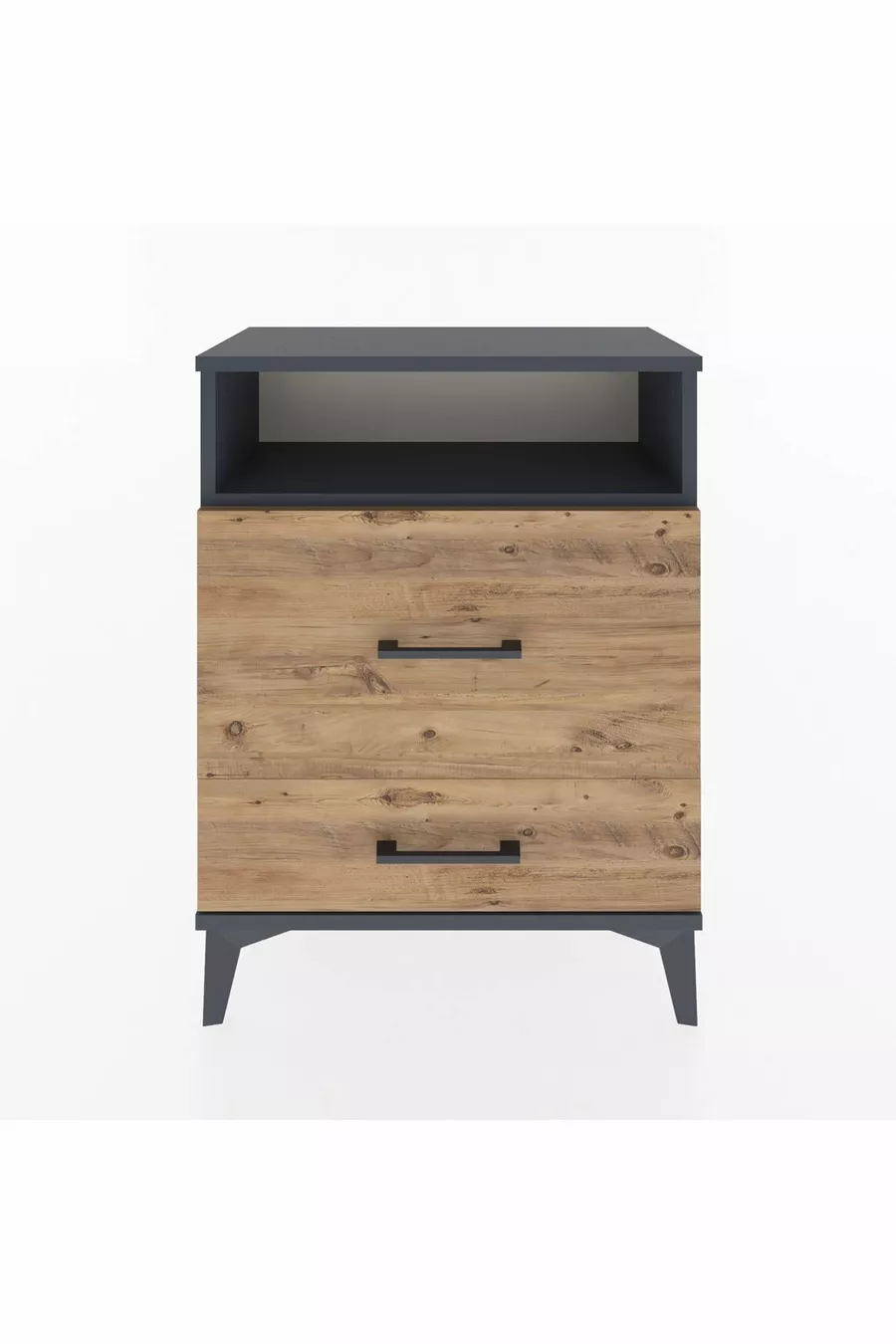 Chevet Arges à une étagère et deux tiroirs Anthracite-Pin