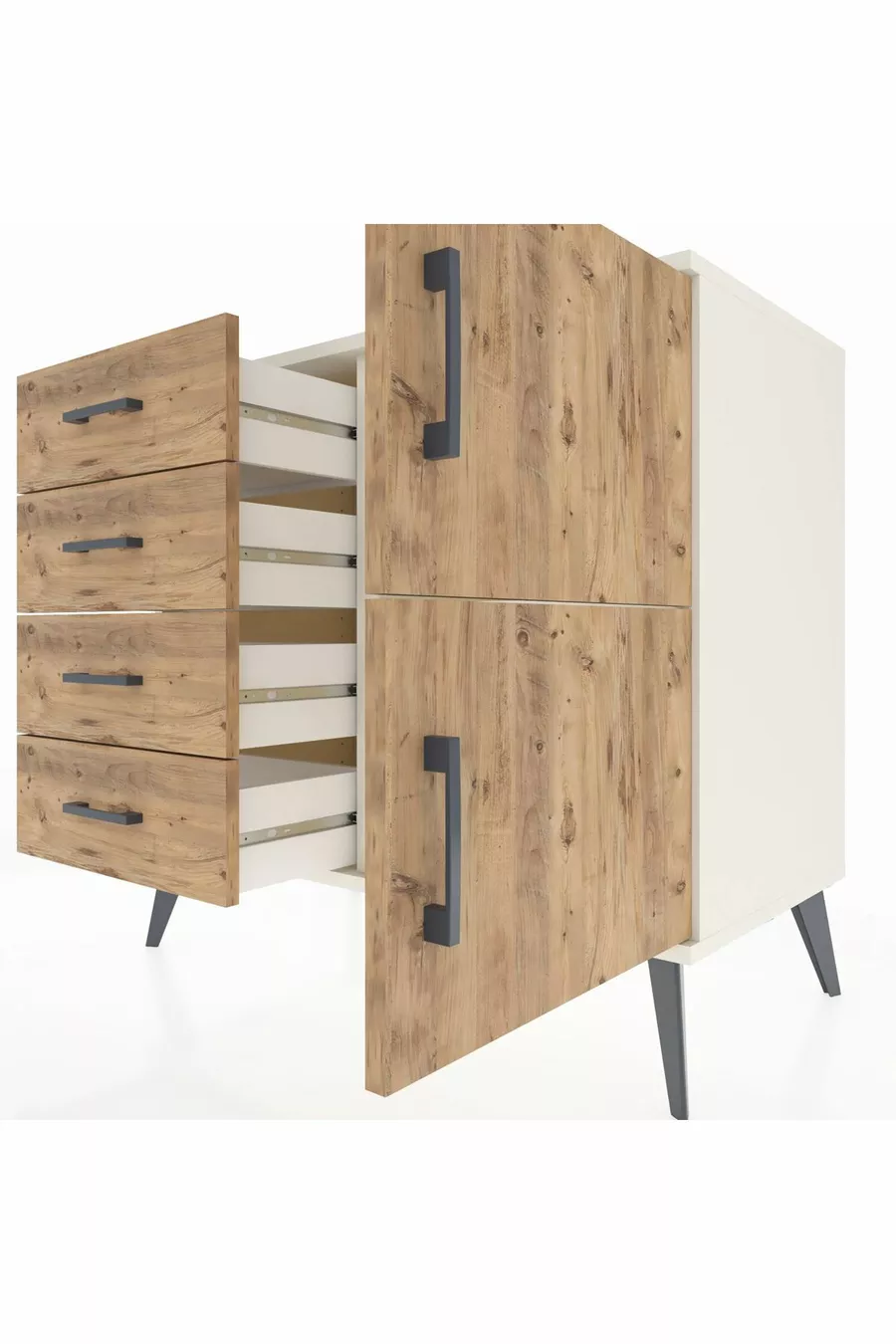 Commode Hyperion à une étagère, 4 tiroirs et 2 portes, Pierre de lune-Pin