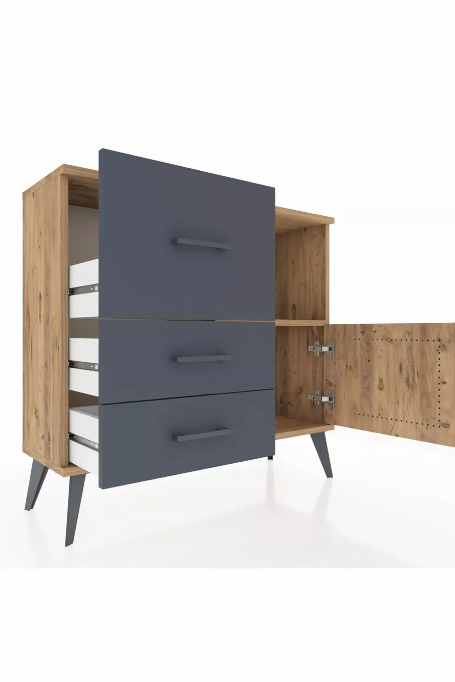 Commode Arges avec une seule étagère, 3 tiroirs et une porte, Pin-Pin/Anthracite