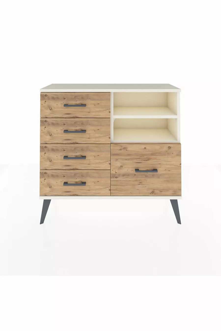 Commode Arges 2 étagères 5 tiroirs Pierre de lune/Pierre de lune/Pin