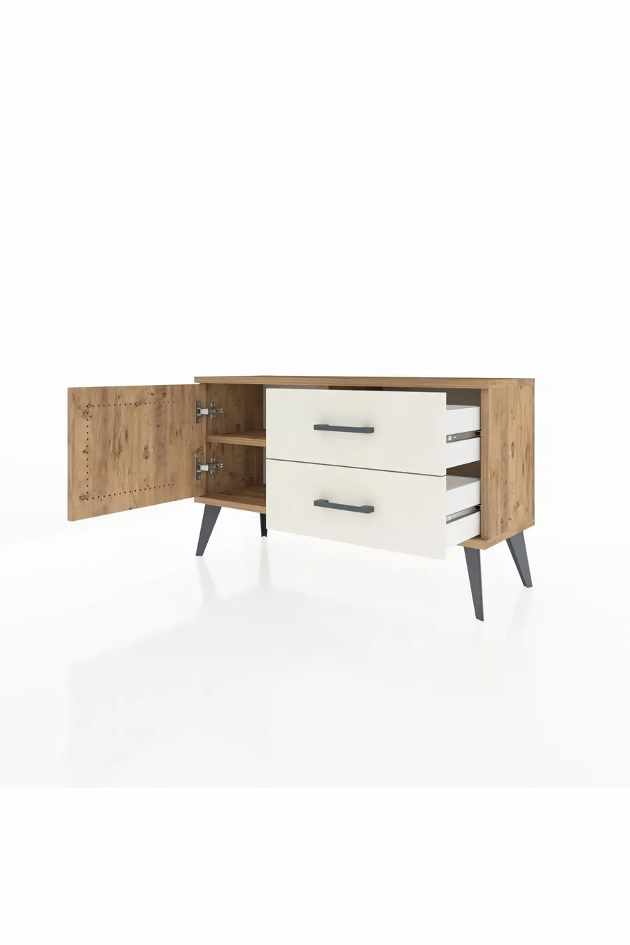 Commode Arges avec une étagère, 2 tiroirs et une porte, pin-pin / pierre de lune