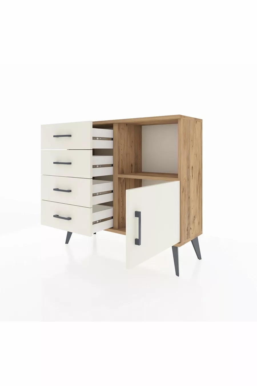 Commode Arges à une étagère, 4 tiroirs et une porte, pin et pierre de batte