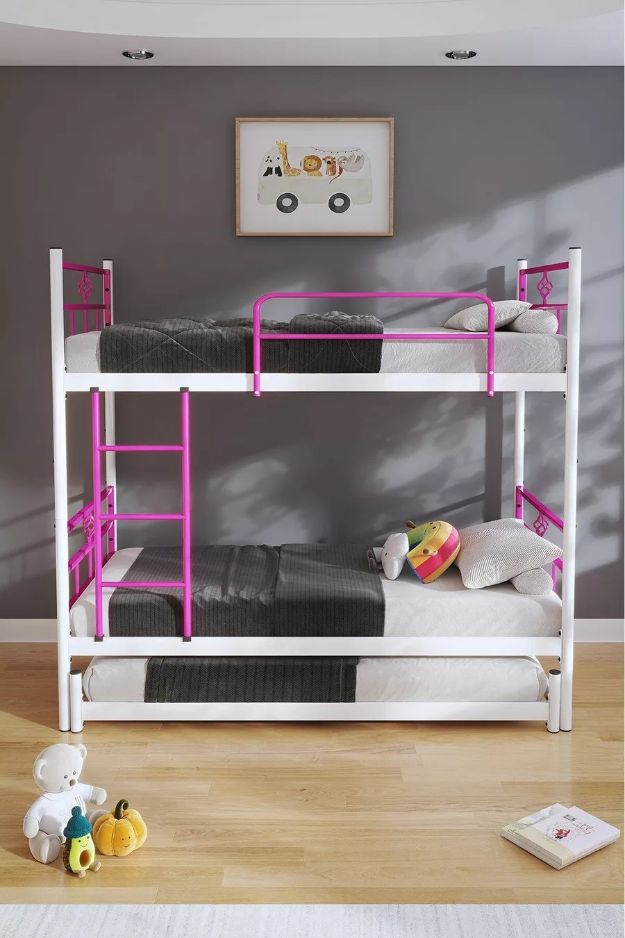 Lit superposé Koza avec tiroir, compatible pour 3 personnes, en métal rose foncé