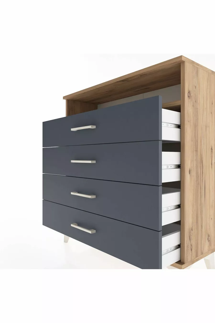 Commode Arges à un seul étagère et 4 tiroirs en pin-anthracite