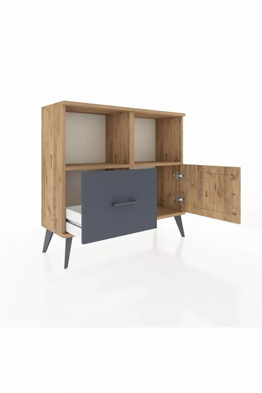Commode Arges avec 2 étagères, 1 tiroir et 1 porte, Pin-Pin/Anthracite