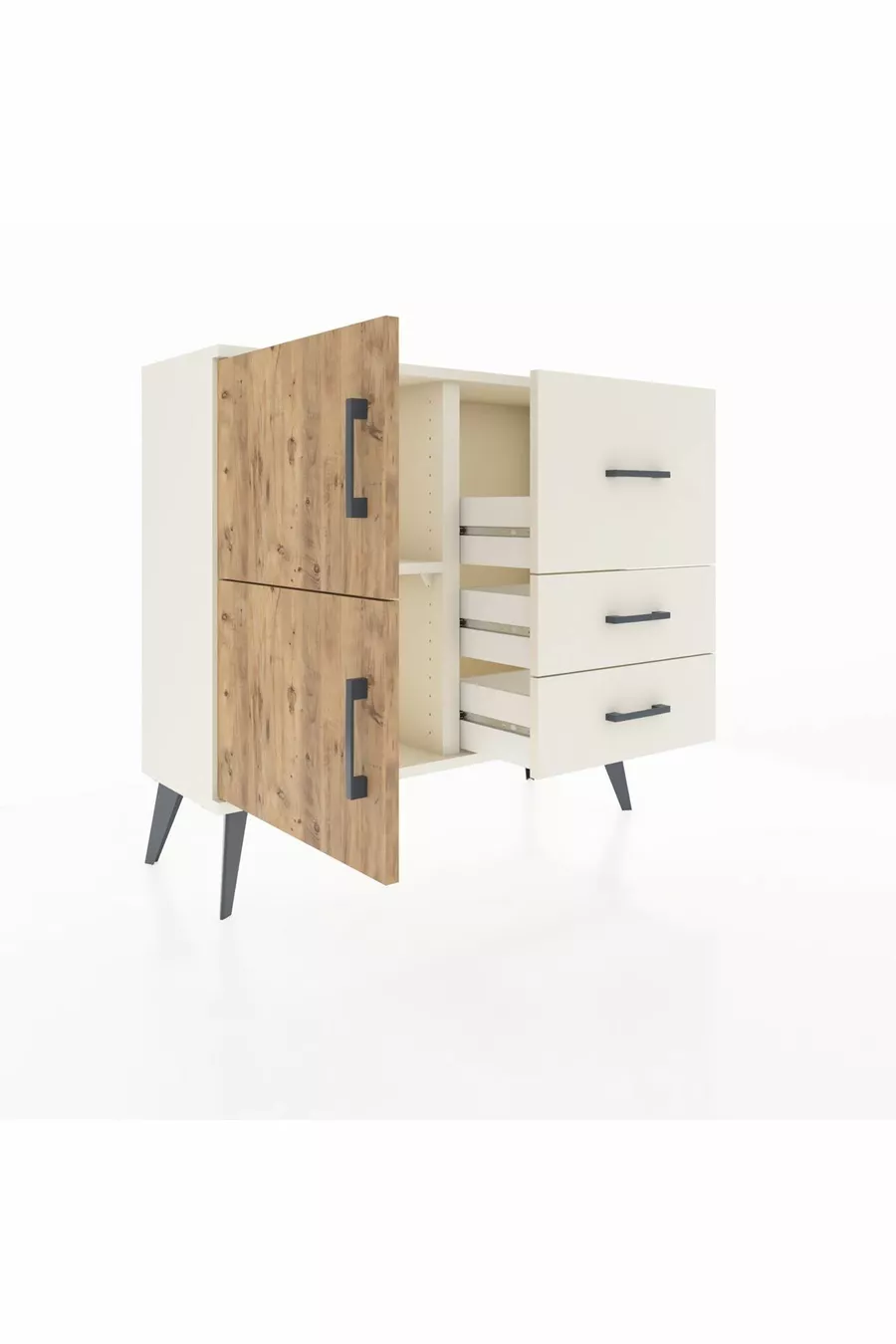 Commode Arges à une étagère, 3 tiroirs et 2 portes, Pierre de lune-Pin/Pierre de lune