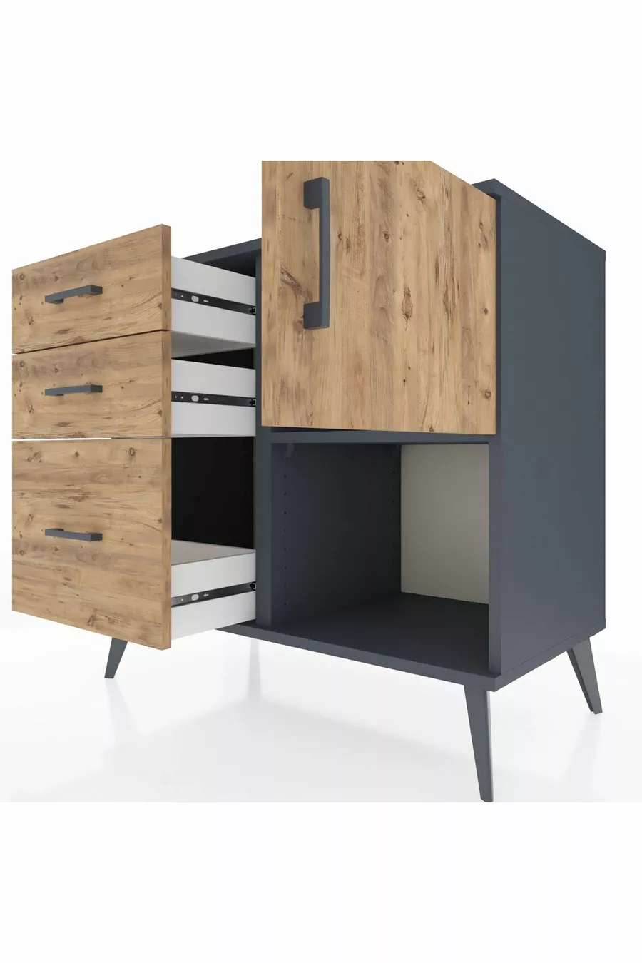 Commode Hyperion à une étagère, 3 tiroirs et une porte, Anthracite-Bois de pin