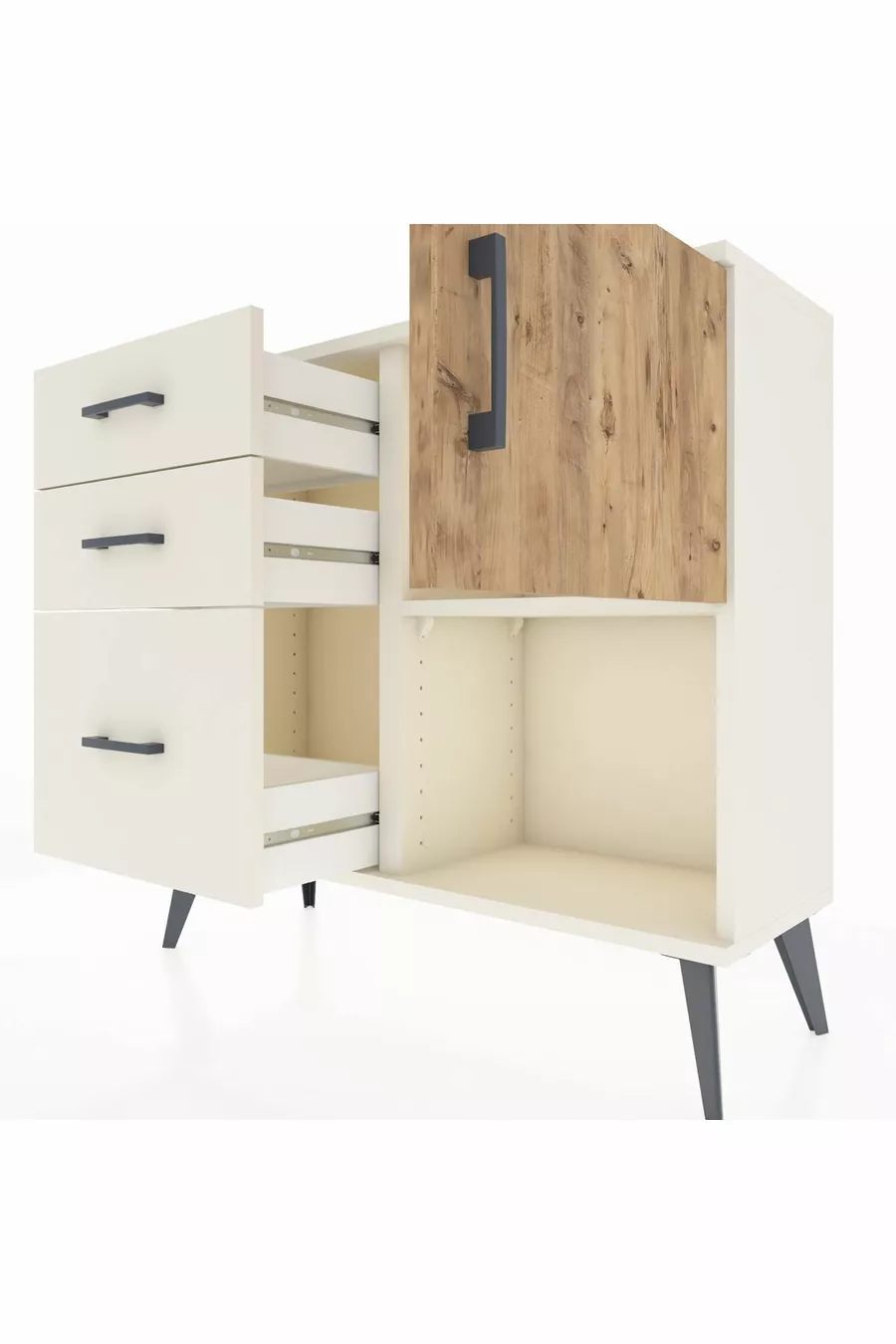 Commode Arges avec une seule étagère, 3 tiroirs et une porte, couleur Pierre de Lune/Pin