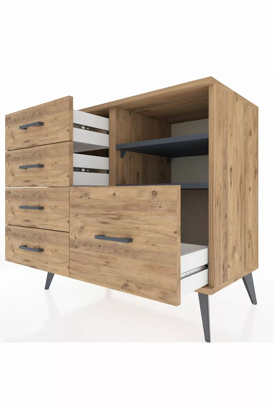 Commode Hyperion 2 étagères 5 tiroirs Pin-Anthracite/Pin