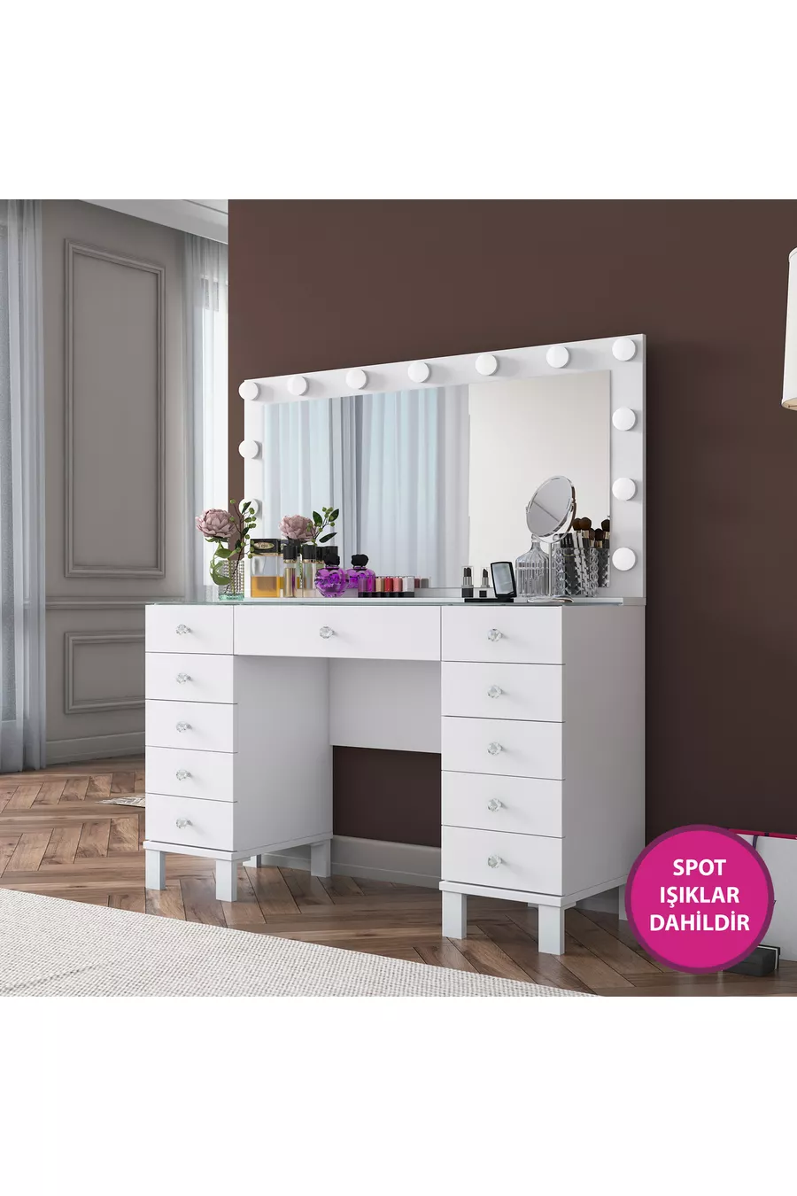 Rani Coiffeuse de Coulisses avec Miroir et Lumières Hollywood, Organisateur de Bijoux avec Tiroirs, Blanc