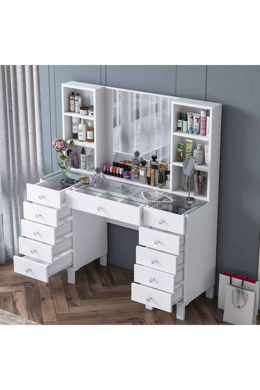 Rani Coiffeuse avec Tiroirs, Étagères et Miroir, Organisateur de Bijoux Blanc