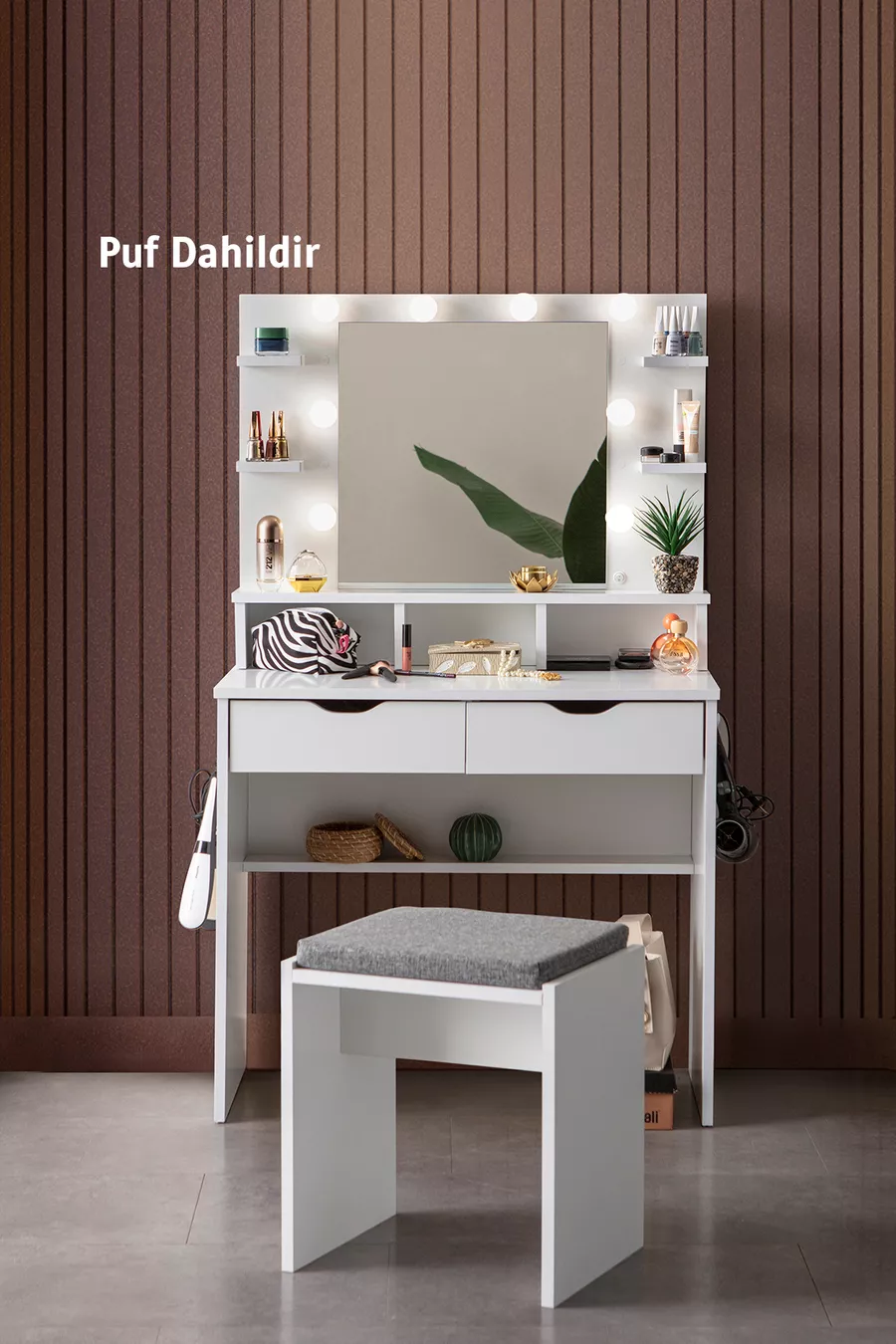 Coiffeuse Diva Hollywood avec Miroir, Éclairage LED, Étagères et Tiroirs, Pouf d'Assise Inclus, Blanche, avec Cadeau