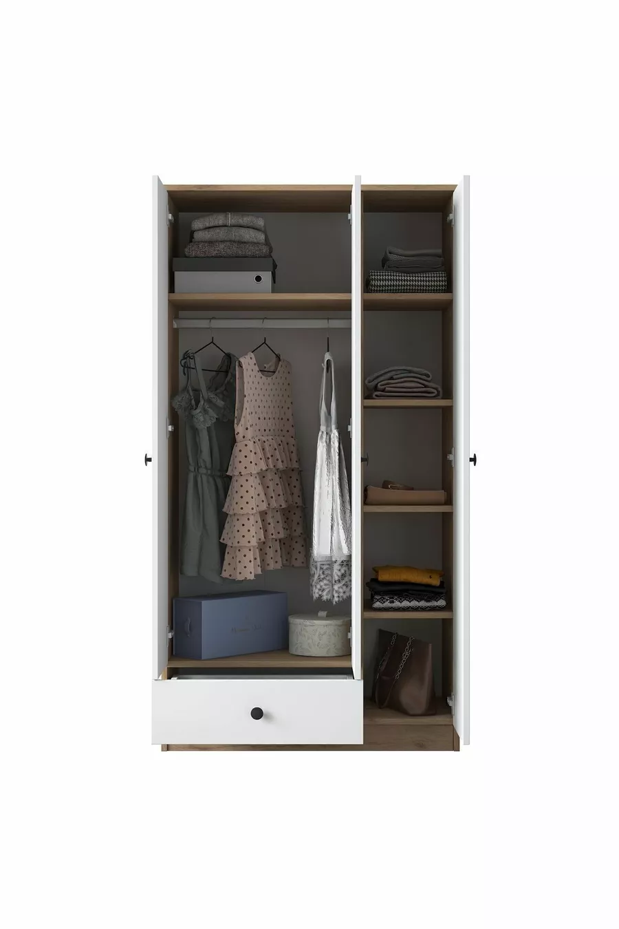 Armoire Rani  Wardrobe 3 portes 1 tiroir 6 étagères 1 panier suspendu Noyer - Blanc