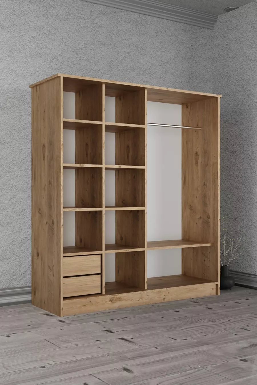 Armoire coulissante  Zambak avec étagères, tiroirs et tringle, en pin (portes blanches)