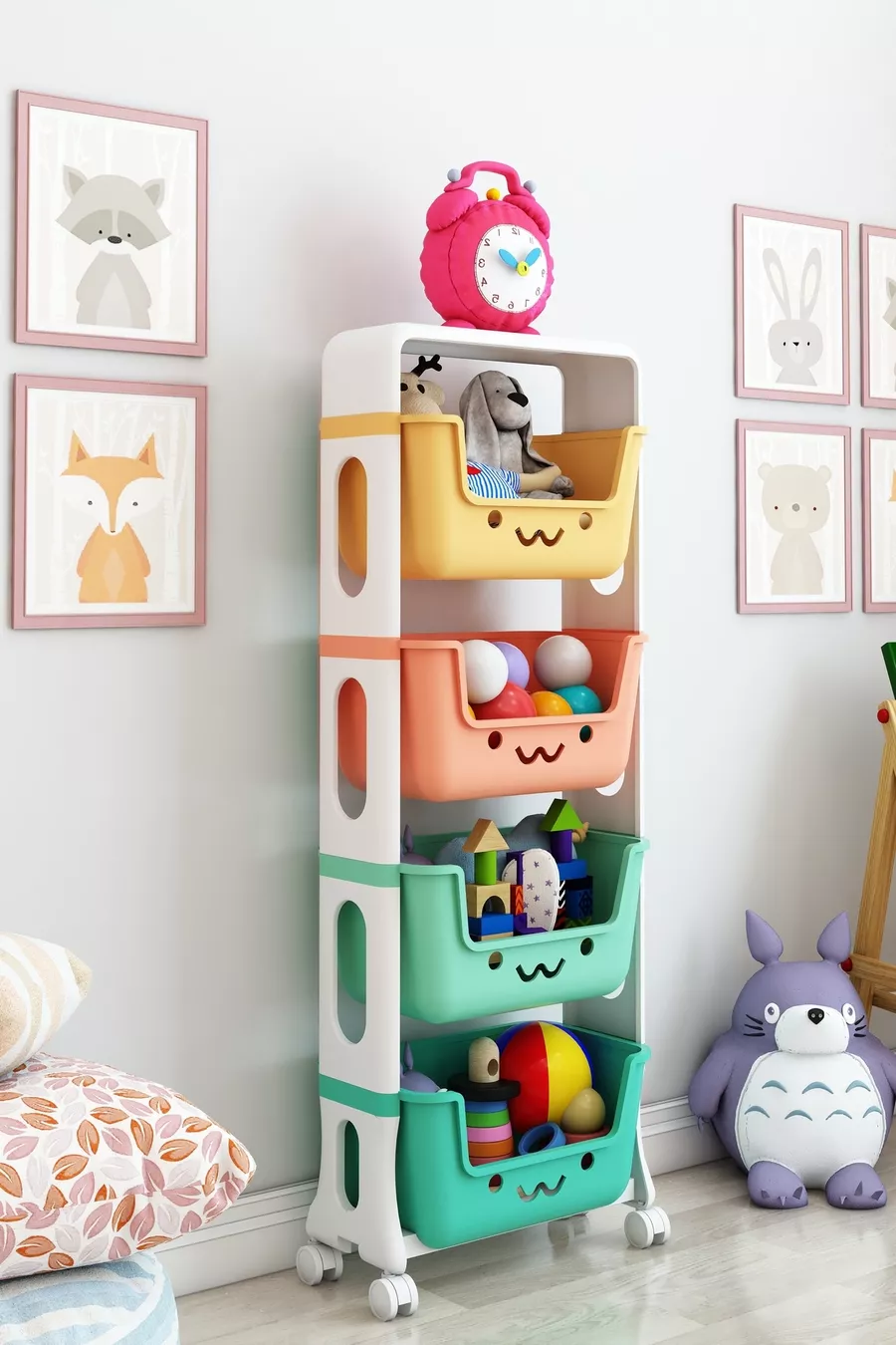 Armoire à jouets à 4 niveaux, organisateur de jouets, armoire à jouets avec panier