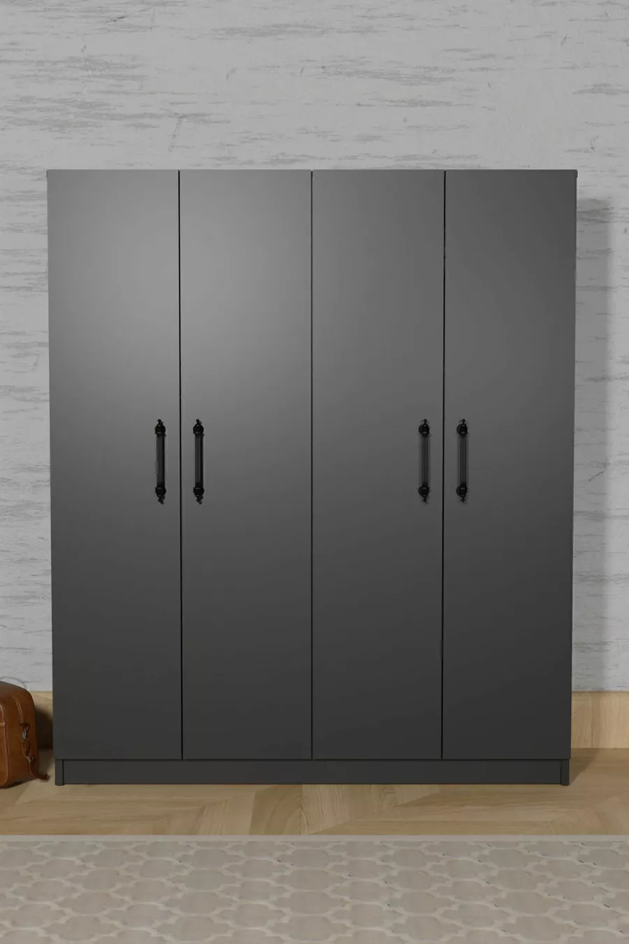  ARENA ARMOIRE GRIS ANTHRACITE 4 PORTES, 2 BARRES POUR PENDERIES, 6 ÉTAGÈRES