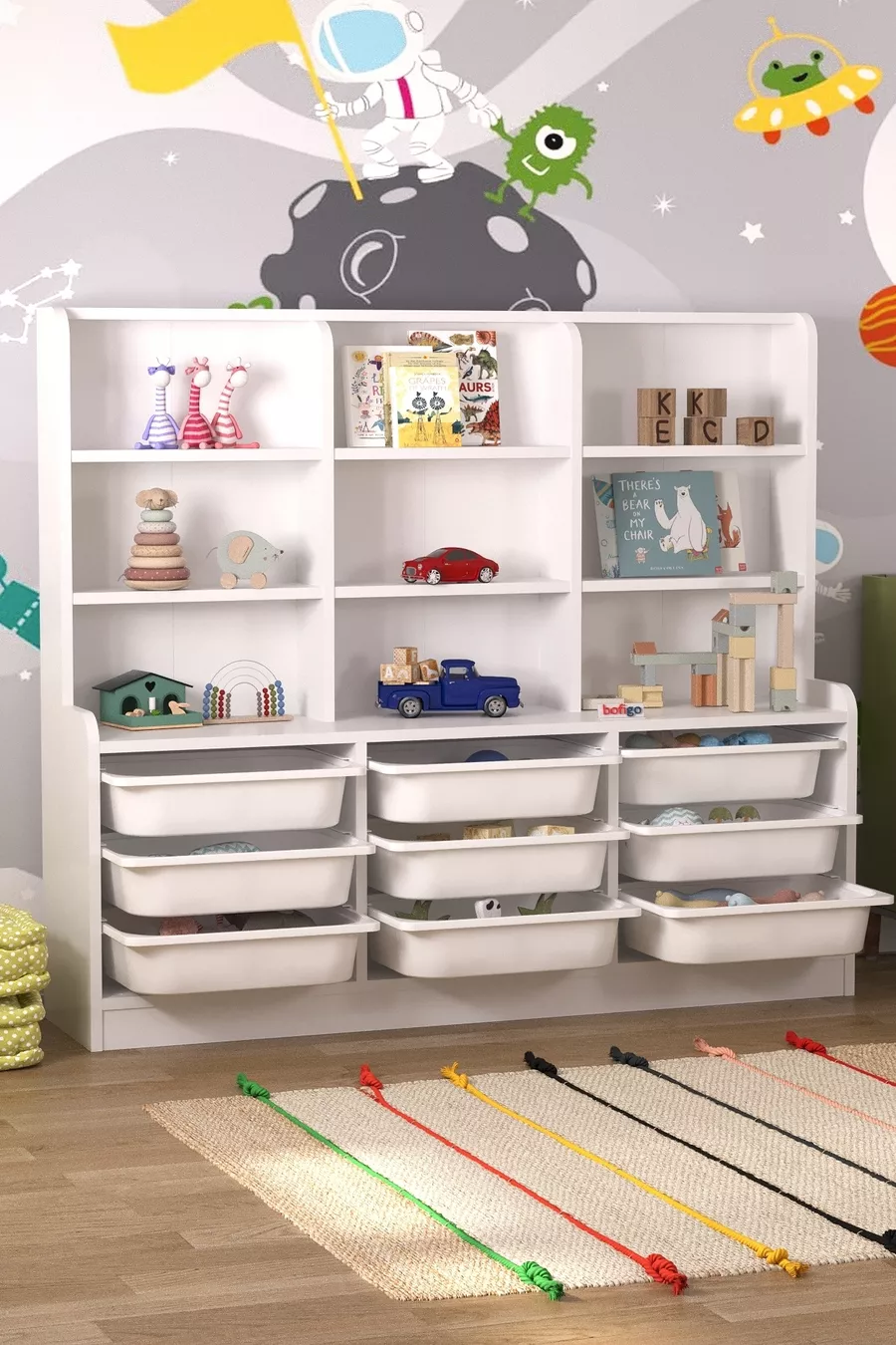 Armoire polyvalente à 9 étagères et 9 paniers pour jouets Almina blanc