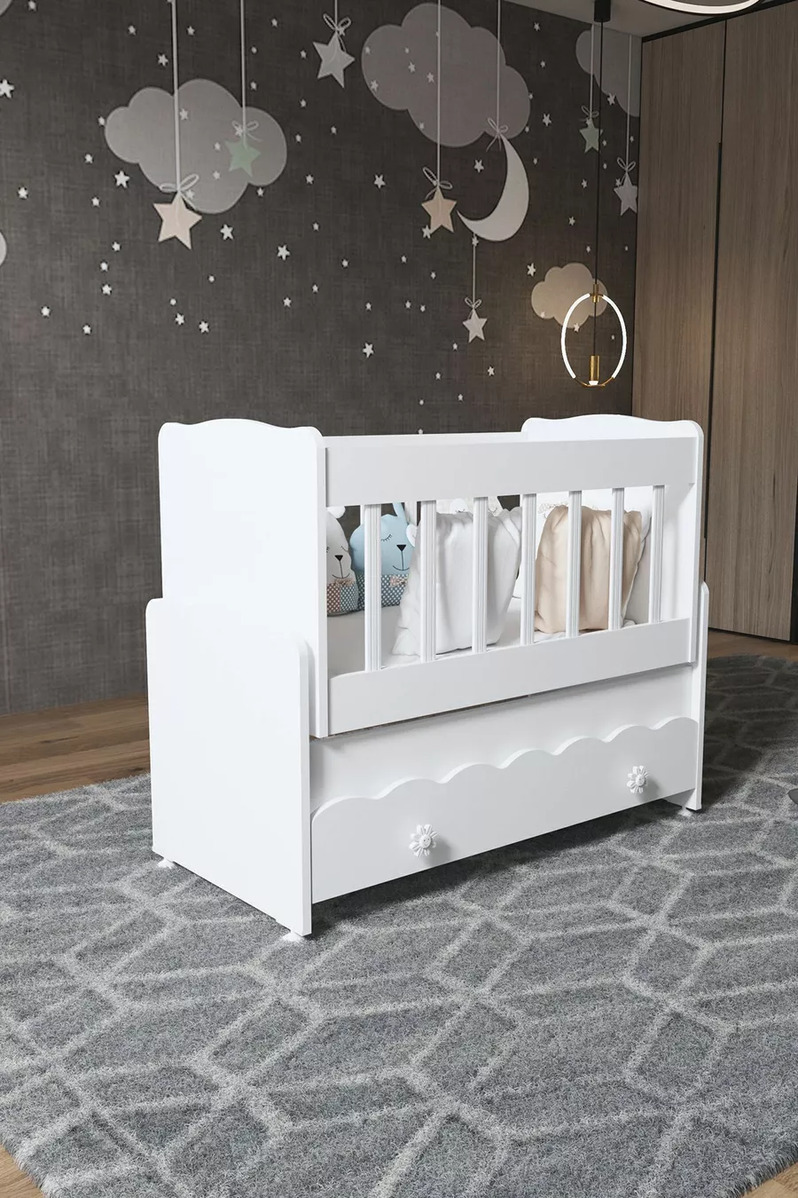 Berceau en bois blanc pour bébé avec tiroir et balancement, à placer à côté de la mère