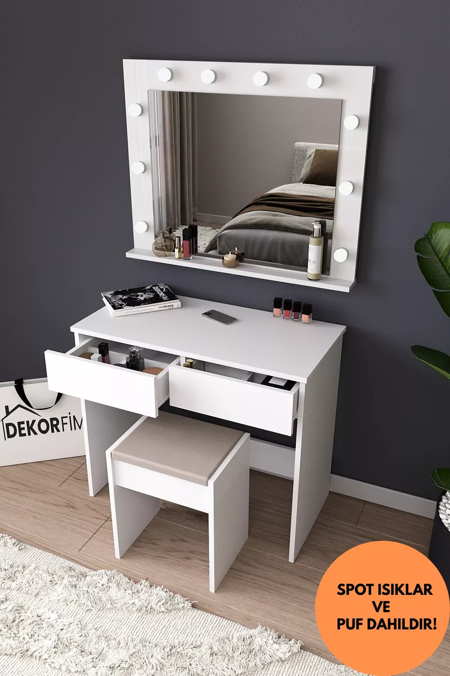 Coiffeuse avec miroir et éclairage LED, tabouret, tiroirs compartimentés pour cosmétiques