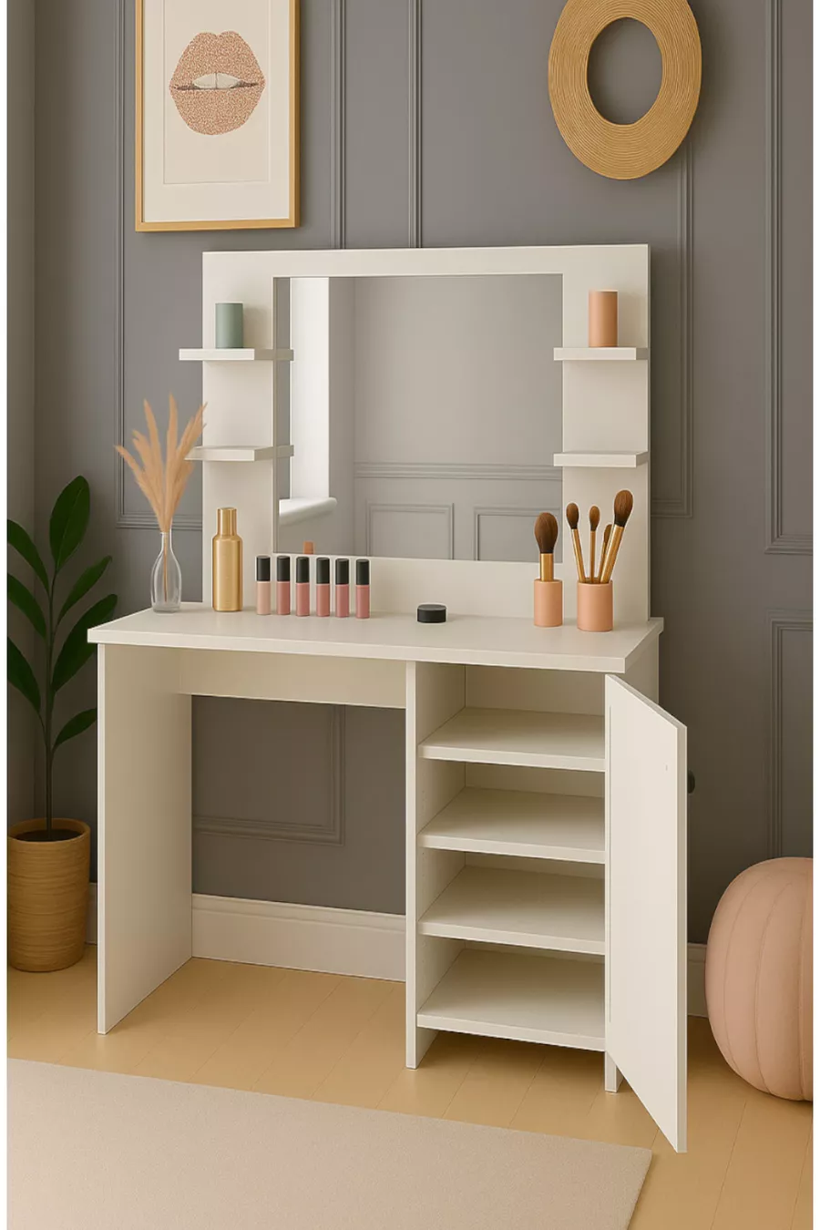 Table de maquillage Lima avec miroir, armoire et 4 étagères, blanche
