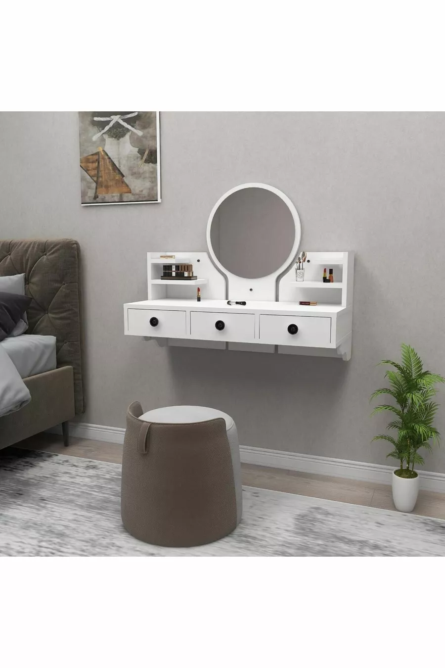 Table de maquillage murale Polina avec miroir, étagères et tiroirs, blanc - Polina