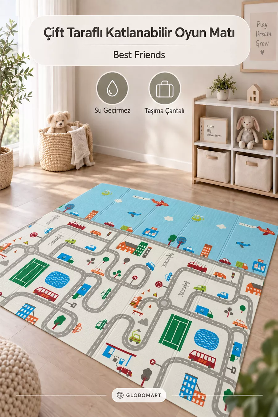 Tapis de jeu pour bébé et enfant réversible pliable Best Friends – Tapis de jeu éducatif, avec sac de transport