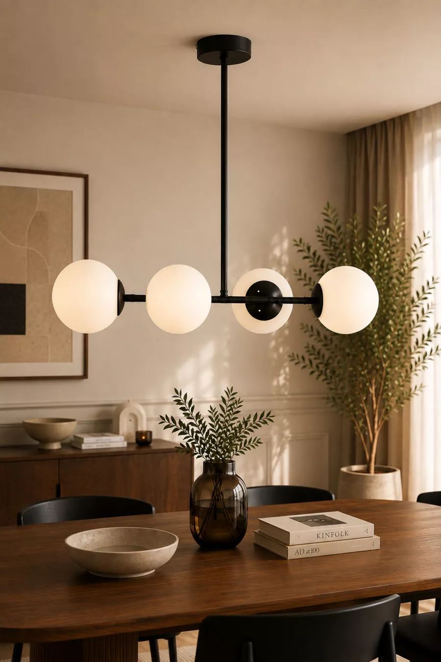 Lustre de salle à manger moderne noir à 4 branches pour chambre à coucher et salon