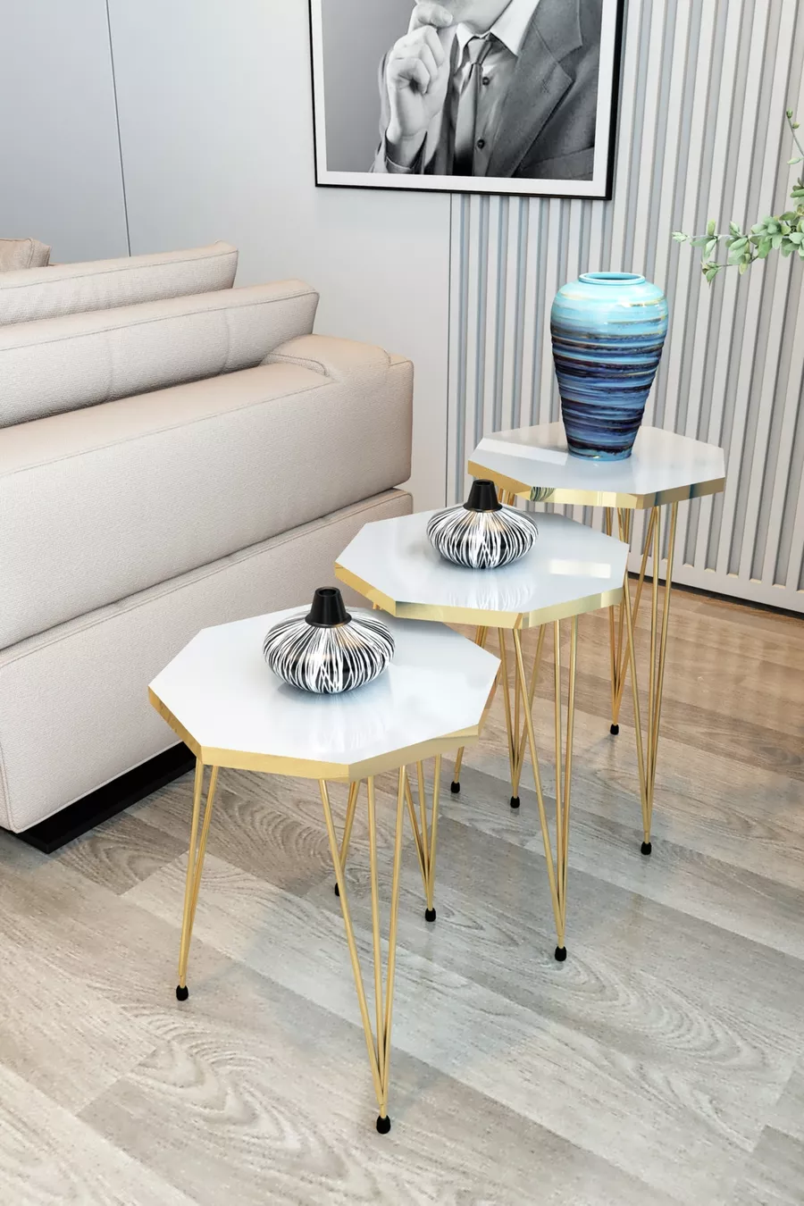 Table d'appoint en lot de 3 série Gold modèle hexagonal table d'appoint pieds en fil métallique