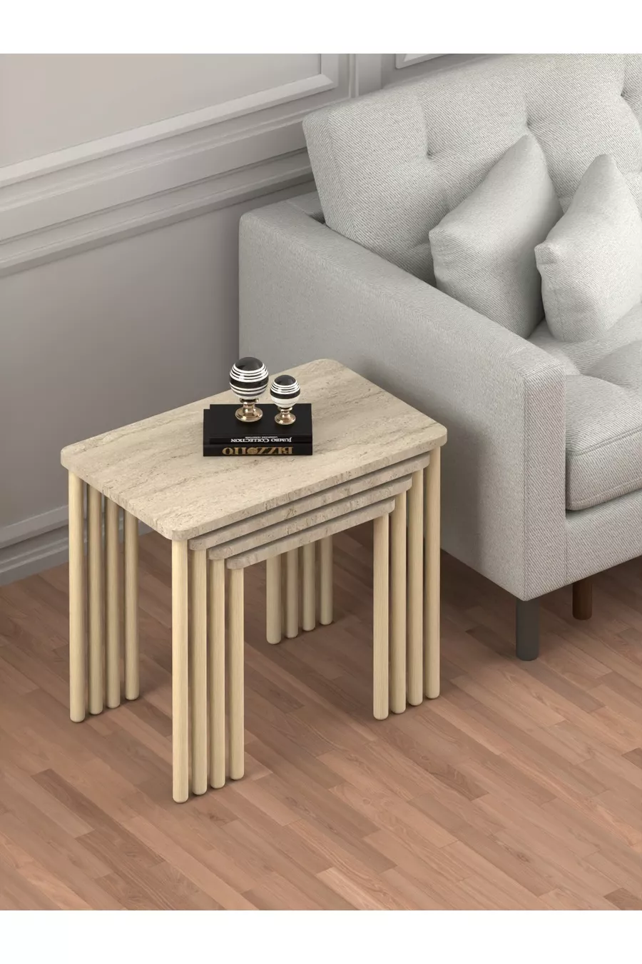 Obim 4 pièces Travertin en bois Empilement Immatriculation - table de thé Table de service Table-salon Table - design moderne