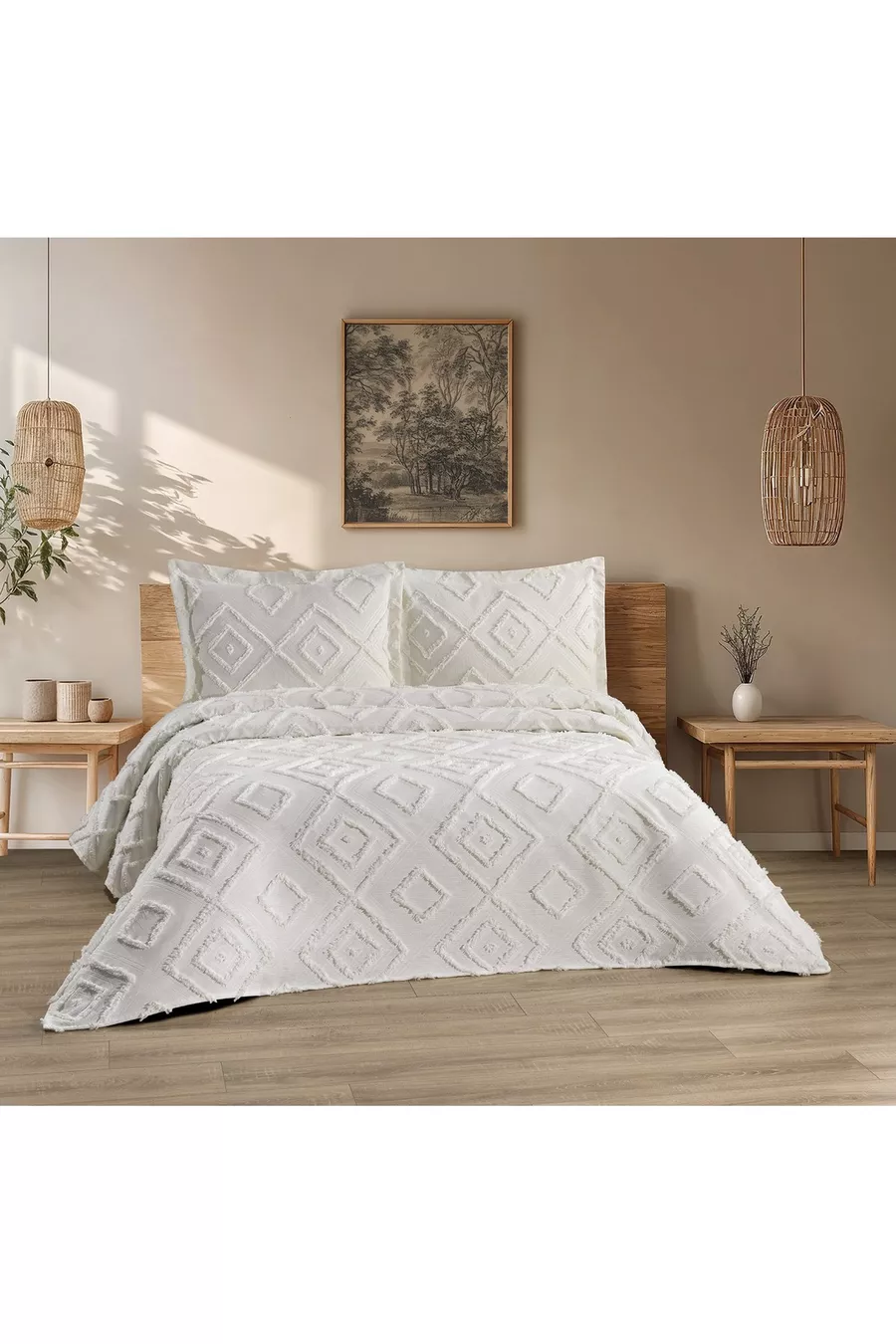 Housse de lit scandinave Jasmin 3 pièces pour lit double crème