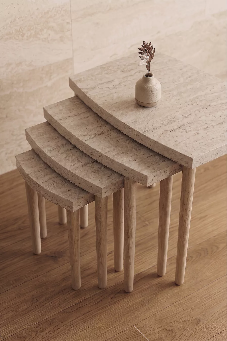 Ensemble de tables gigognes 4 pièces en MDF à motif travertin avec pieds en bois de charme, design moderne