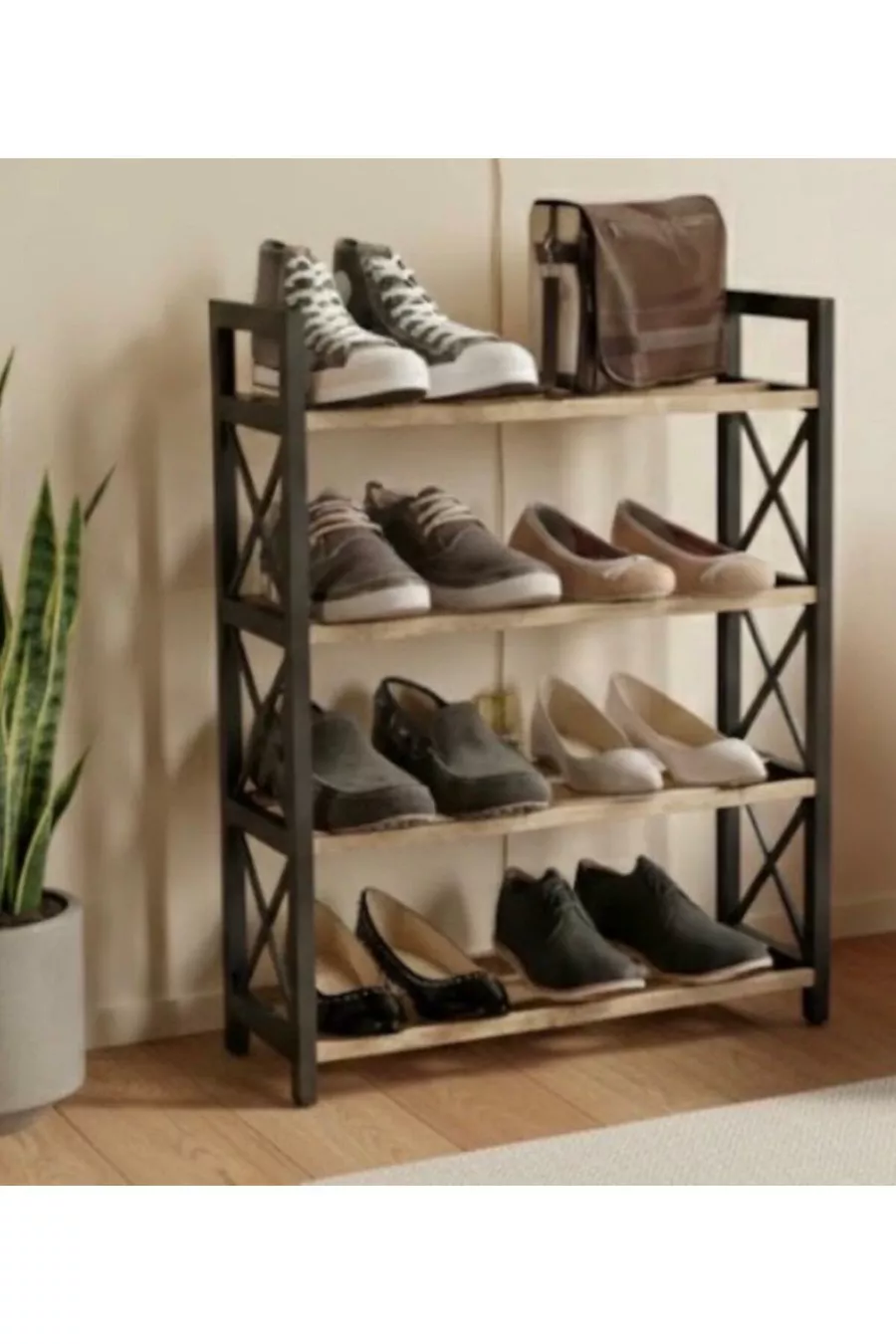 MEUBLE À CHAUSSURES DÉCORATIF EN BOIS MASSIF AVEC 3 BARRES ET 4 ÉTAGES (PAS EN MDF, le MDF se casse facilement !!!)