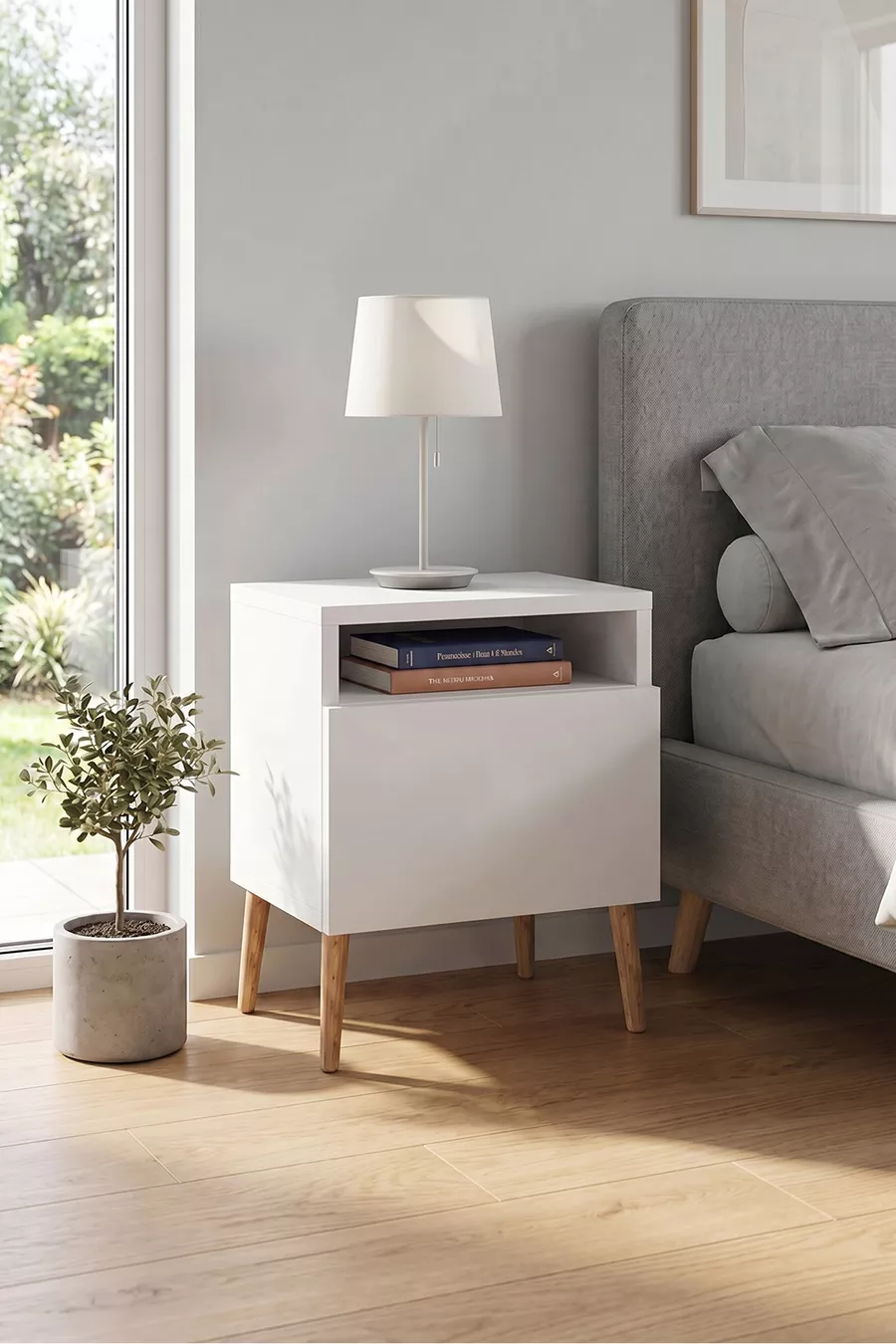 Commode moderne blanche avec pieds en bois, commode de chambre à coucher, commode pour chambre de bébé, commode pour chambre d'adolescent, commode avec étagères, table de chevet, commode moderne scandinave